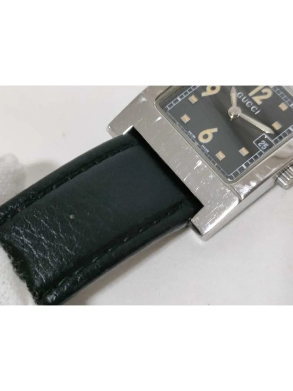 Gucci Watch Black Silver Stainless Steel Leather Analog Square